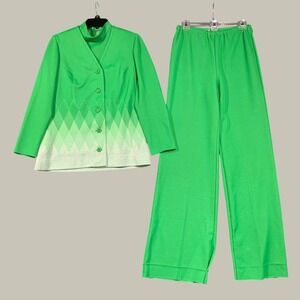 De Saix 3 Piece Pant Suit Women S/M Green Argyle Vintage 70s Mod Disco Knit Set
